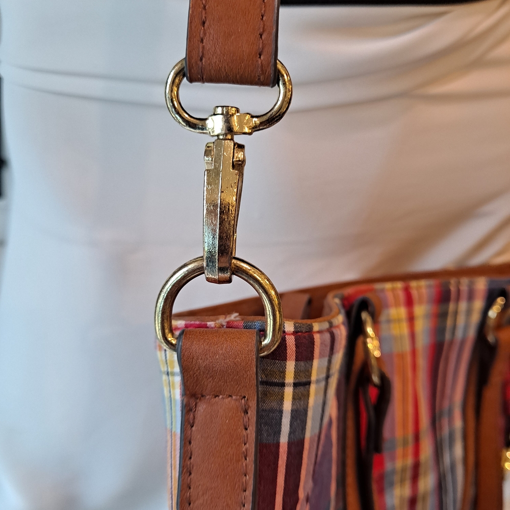 Kim Rogers Red & Blue Madras Plaid Tote with Brown Leather Trim - Picture 12 of 12